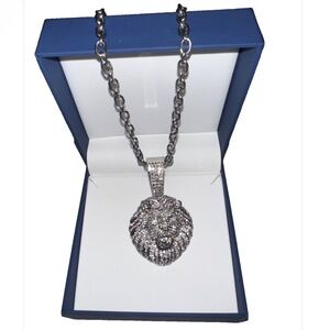 Iced Lion Head Cubic Zirconia Pendant & 24 in Chain Necklace
